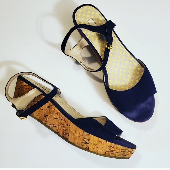 Boden Blue Open Toe Cork Ankle Strap Wedges